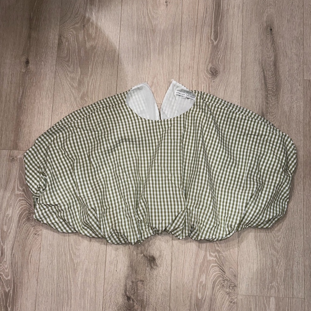 English Factory Green and White Gingham Puff-Sleeve Blouse
